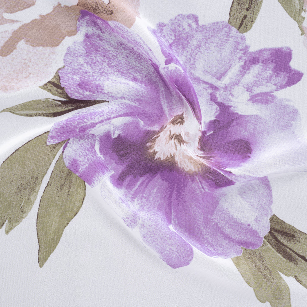 Polyester Chiffon Print - Beige, Lilac and Ivory Watercolor Floral - Designer Deadstock Polyester Chiffon Print - Beige, Lilac and Ivory Watercolor Floral - Designer Deadstock