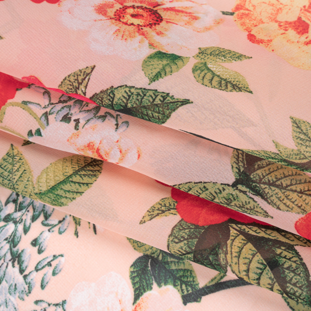 Polyester Chiffon Print - Bright Red and Light Salmon Pink Floral - Designer Deadstock - Folded Polyester Chiffon Print - Bright Red and Light Salmon Pink Floral - Designer Deadstock - Folded