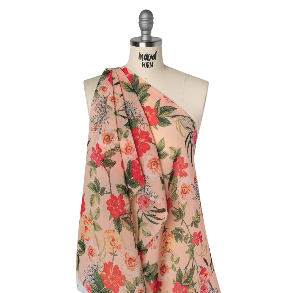 Polyester Chiffon Print - Bright Red and Light Salmon Pink Floral - Designer Deadstock - Drape Polyester Chiffon Print - Bright Red and Light Salmon Pink Floral - Designer Deadstock - Drape
