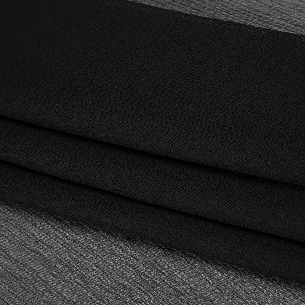 Crinkled Polyester Chiffon - Jet Black - Designer Deadstock - Folded Crinkled Polyester Chiffon - Jet Black - Designer Deadstock - Folded