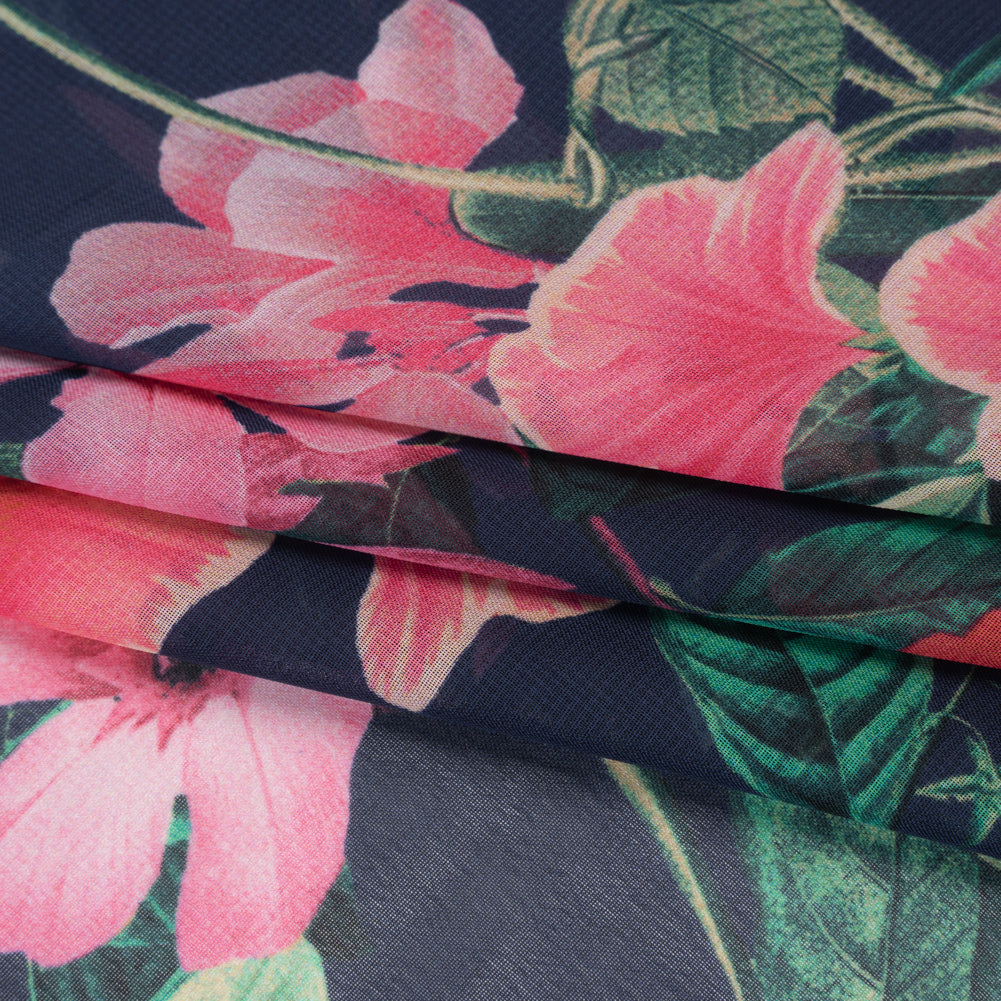 Polyester Chiffon Print - Pink, Navy Blue and Sea Green Floral - Designer Deadstock - Folded Polyester Chiffon Print - Pink, Navy Blue and Sea Green Floral - Designer Deadstock - Folded