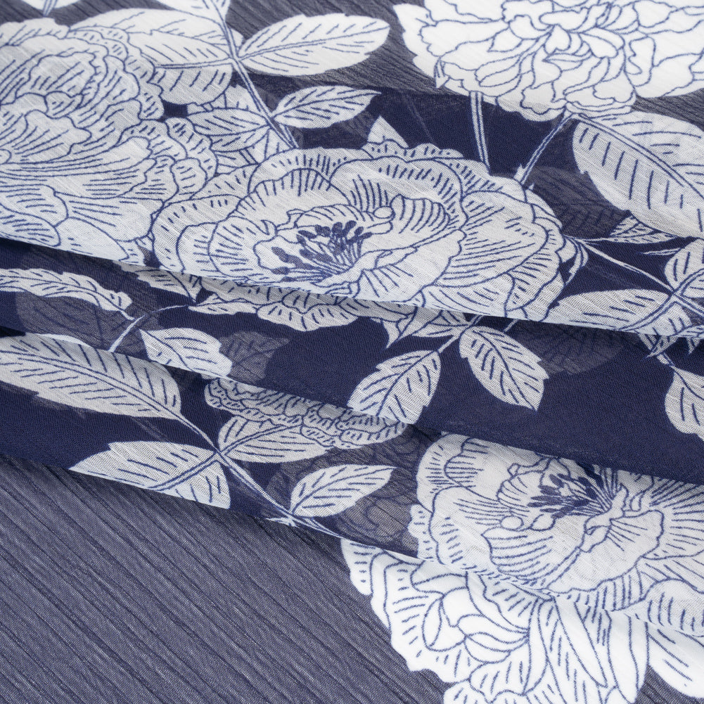 Crinkled Polyester Chiffon Print - Dark Navy Blue and White Floral - Designer Deadstock - Folded Crinkled Polyester Chiffon Print - Dark Navy Blue and White Floral - Designer Deadstock - Folded