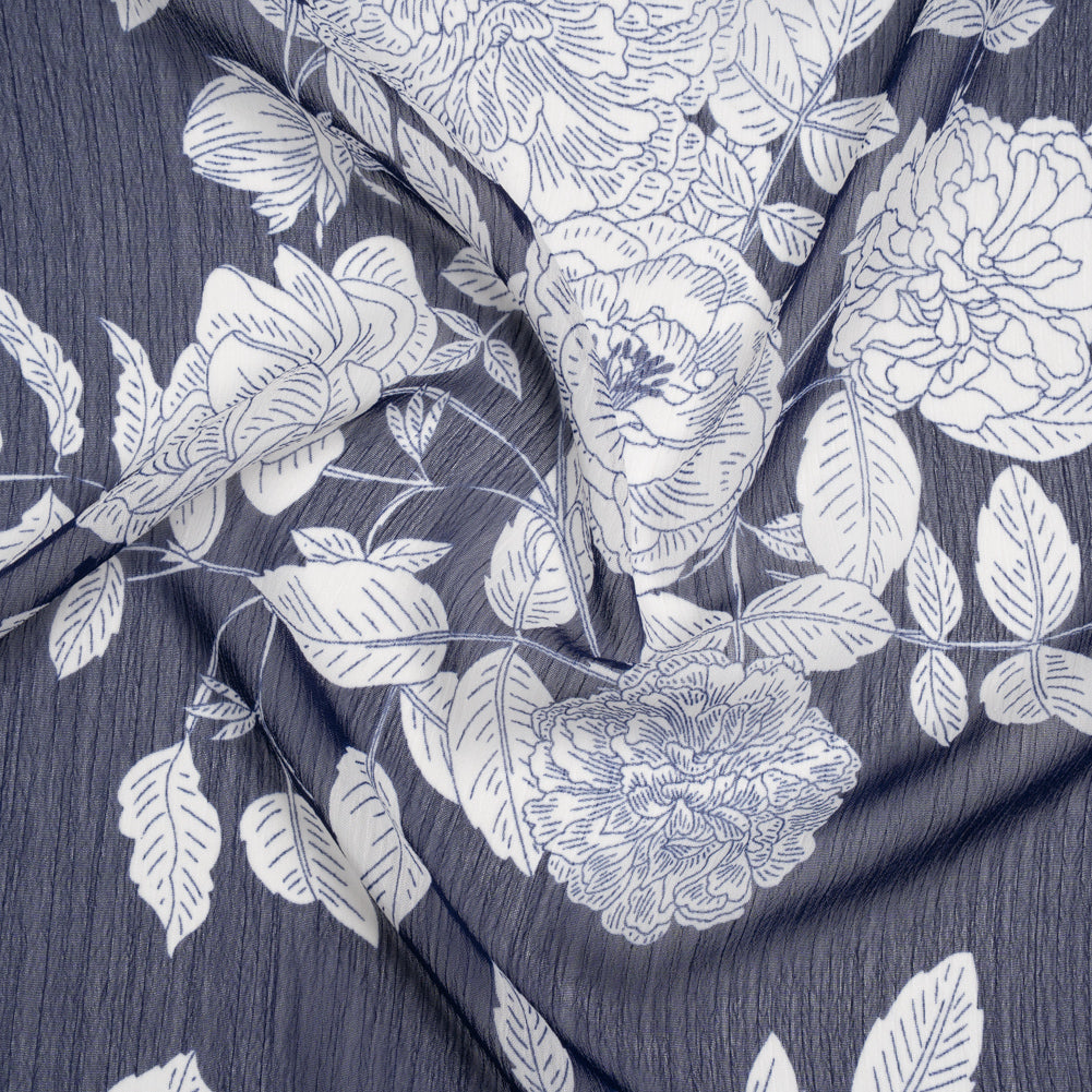 Crinkled Polyester Chiffon Print - Dark Navy Blue and White Floral - Designer Deadstock Crinkled Polyester Chiffon Print - Dark Navy Blue and White Floral - Designer Deadstock