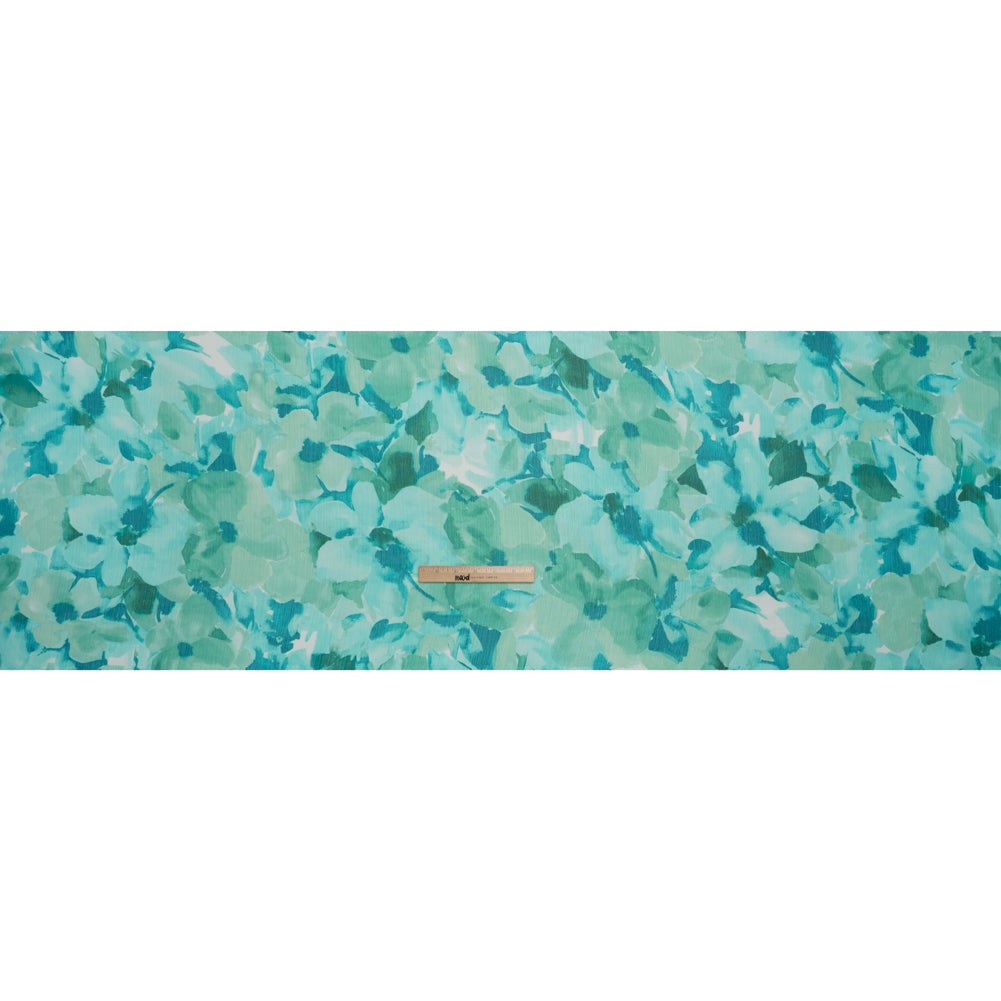 Crinkled Polyester Chiffon Print - Aqua Blue and Teal Green Abstract Watercolor Floral - Designer Deadstock - Full Crinkled Polyester Chiffon Print - Aqua Blue and Teal Green Abstract Watercolor Floral - Designer Deadstock - Full