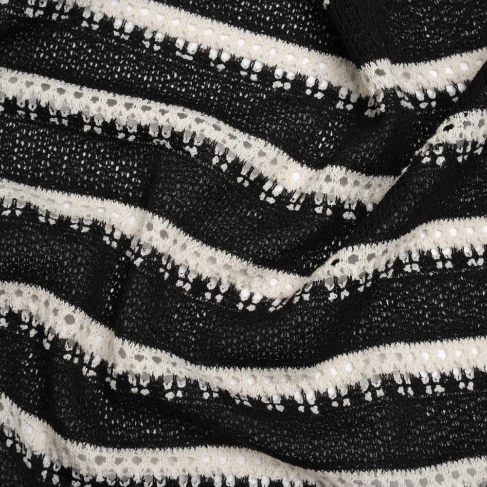 Polyester Crochet Knit - Black and Cream Stripes - Designer Deadstock Polyester Crochet Knit - Black and Cream Stripes - Designer Deadstock