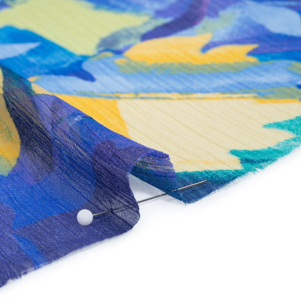 Crinkled Polyester Chiffon Print - Lapis Blue, Mellow Yellow and Jade Green Abstract Watercolor Floral - Designer Deadstock - Detail Crinkled Polyester Chiffon Print - Lapis Blue, Mellow Yellow and Jade Green Abstract Watercolor Floral - Designer Deadstock - Detail