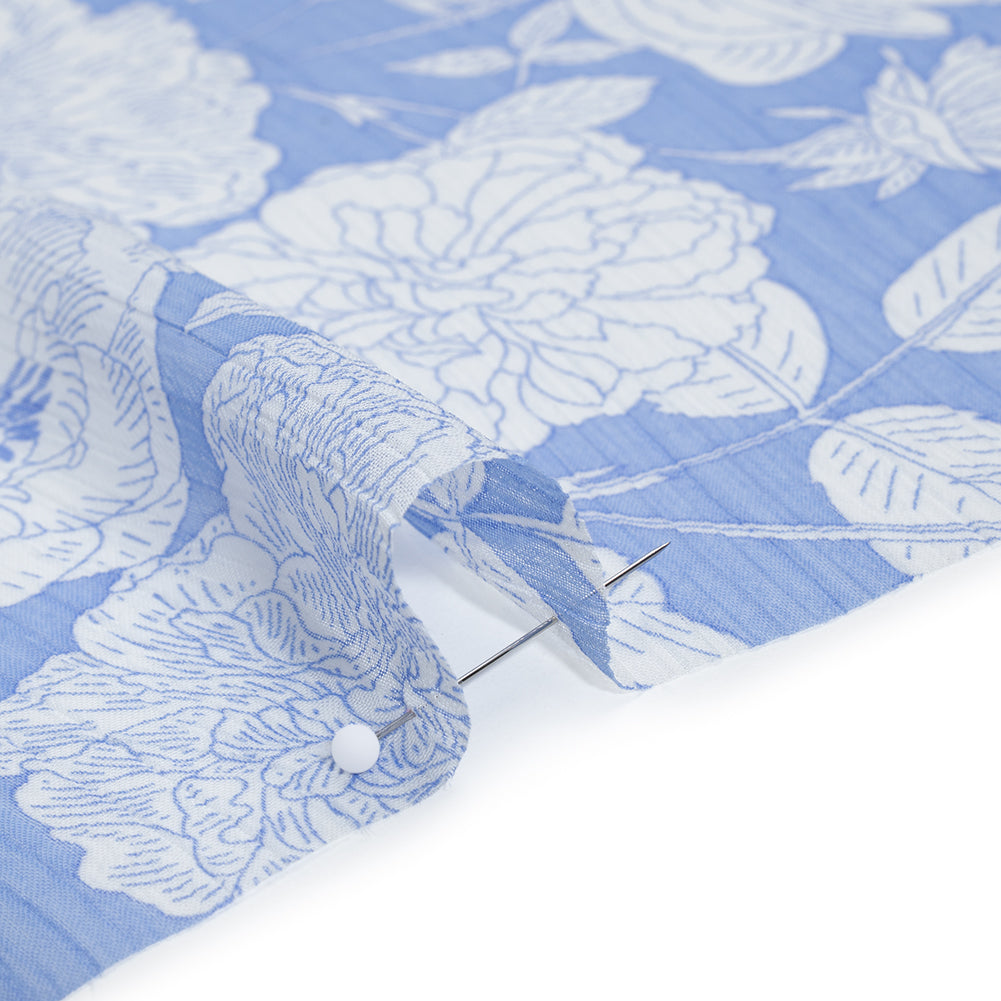 Crinkled Polyester Chiffon Print - Summer Blue and White Floral - Designer Deadstock - Detail Crinkled Polyester Chiffon Print - Summer Blue and White Floral - Designer Deadstock - Detail