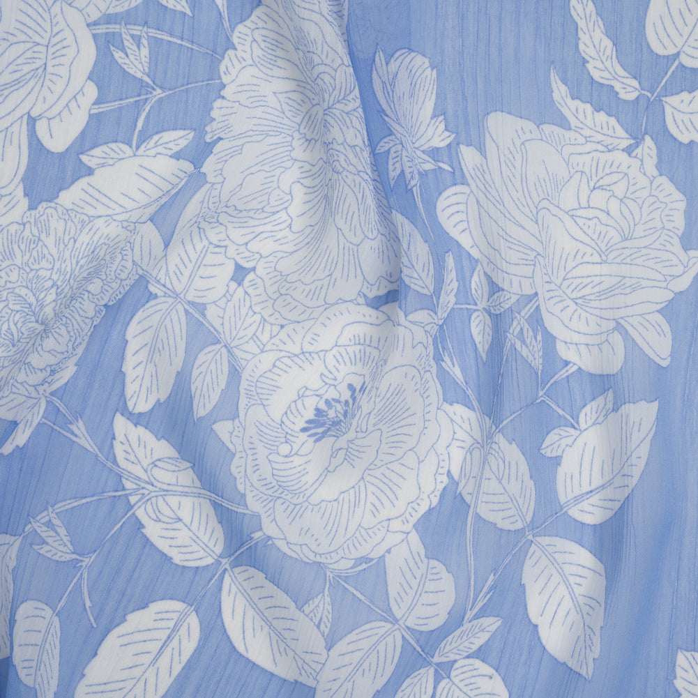 Crinkled Polyester Chiffon Print - Summer Blue and White Floral - Designer Deadstock Crinkled Polyester Chiffon Print - Summer Blue and White Floral - Designer Deadstock
