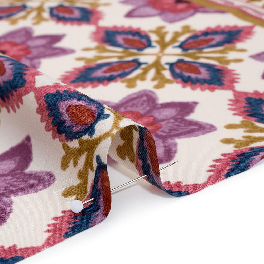 Stretch Polyester Woven Print - Dark Golden Yellow, Sunset Purple and Rouge Pink Floral - Deadstock - Detail Stretch Polyester Woven Print - Dark Golden Yellow, Sunset Purple and Rouge Pink Floral - Deadstock - Detail