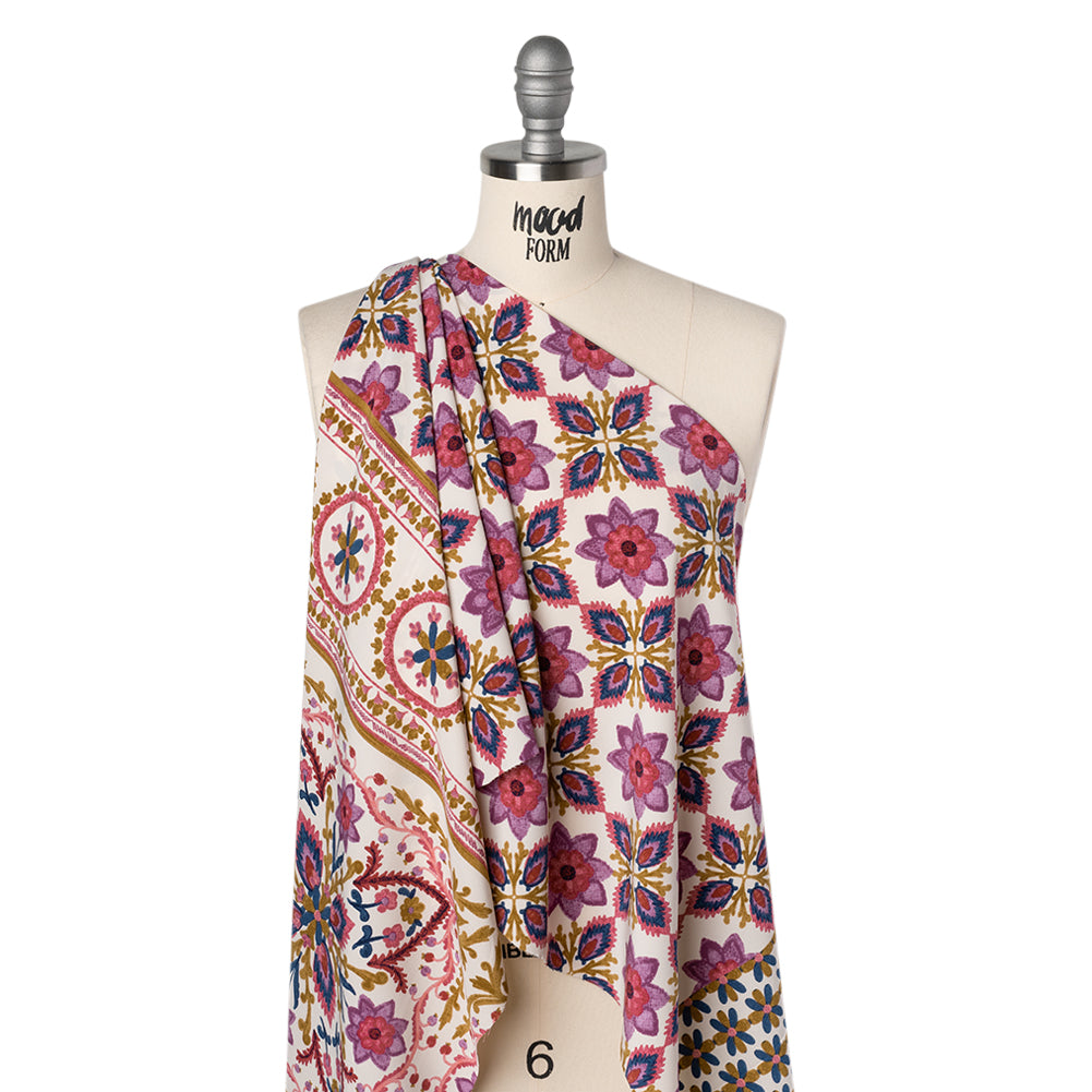 Stretch Polyester Woven Print - Dark Golden Yellow, Sunset Purple and Rouge Pink Floral - Deadstock - Drape Stretch Polyester Woven Print - Dark Golden Yellow, Sunset Purple and Rouge Pink Floral - Deadstock - Drape