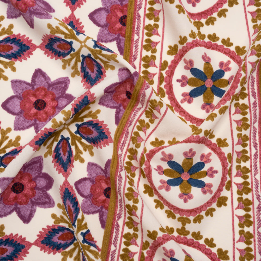 Stretch Polyester Woven Print - Dark Golden Yellow, Sunset Purple and Rouge Pink Floral - Deadstock Stretch Polyester Woven Print - Dark Golden Yellow, Sunset Purple and Rouge Pink Floral - Deadstock