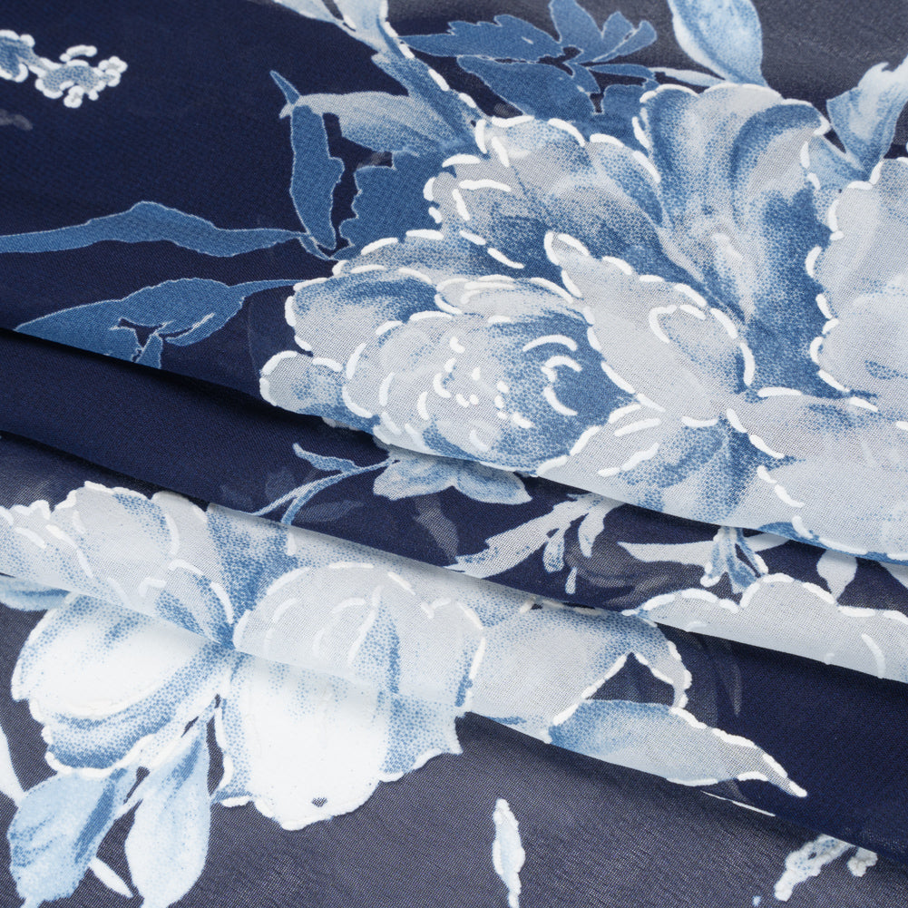 Polyester Chiffon with Puff Print - Navy, Denim Blue and White Floral - Designer Deadstock - Folded Polyester Chiffon with Puff Print - Navy, Denim Blue and White Floral - Designer Deadstock - Folded