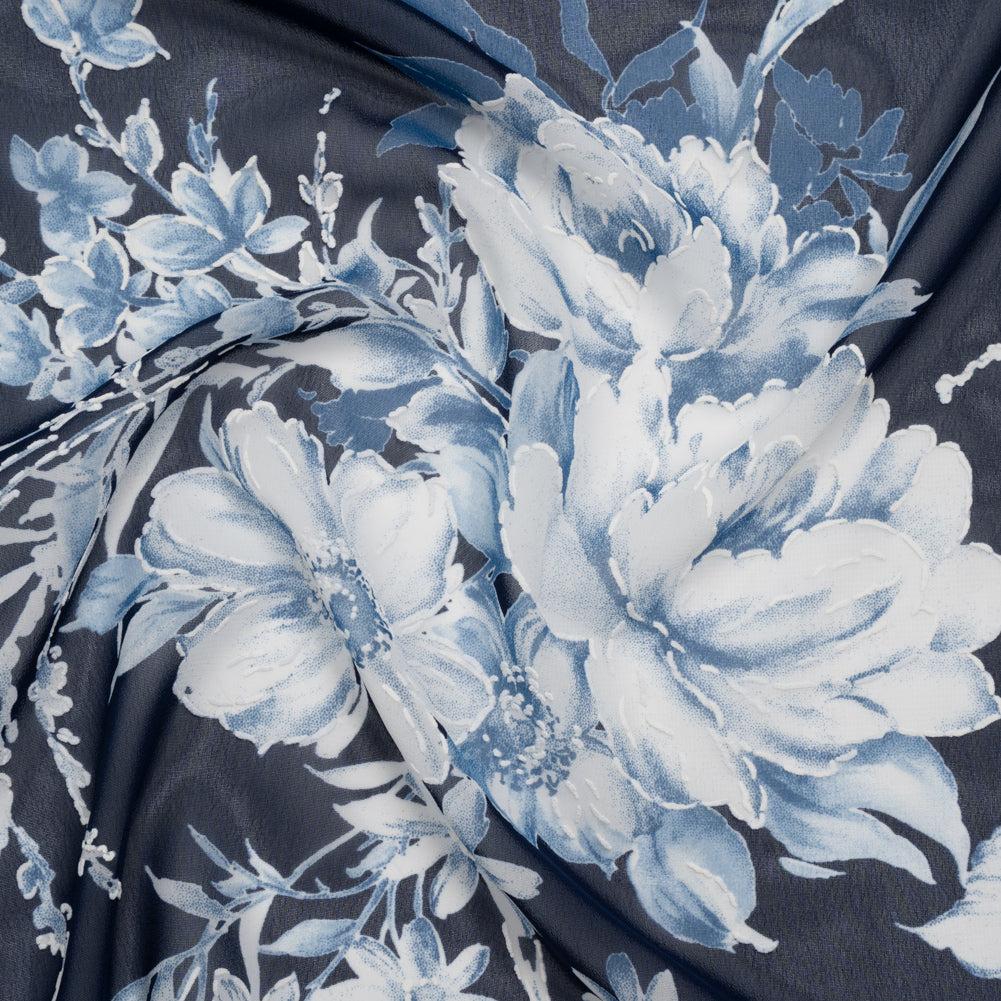 Polyester Chiffon with Puff Print - Navy, Denim Blue and White Floral - Designer Deadstock Polyester Chiffon with Puff Print - Navy, Denim Blue and White Floral - Designer Deadstock