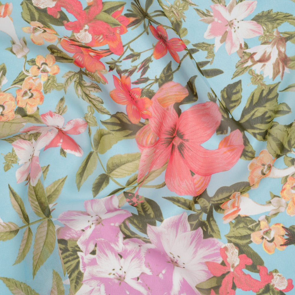 Polyester Chiffon Print - Lavender Purple, Bright Flamingo Pink and Pastel Blue Tropical Floral - Designer Deadstock Polyester Chiffon Print - Lavender Purple, Bright Flamingo Pink and Pastel Blue Tropical Floral - Designer Deadstock