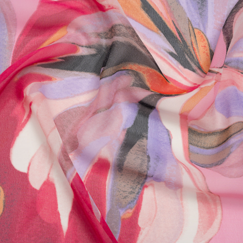 Polyester Chiffon Print - Fuschia Pink, Lavender and Pale Orange Abstract Floral Shapes - Designer Deadstock Polyester Chiffon Print - Fuschia Pink, Lavender and Pale Orange Abstract Floral Shapes - Designer Deadstock