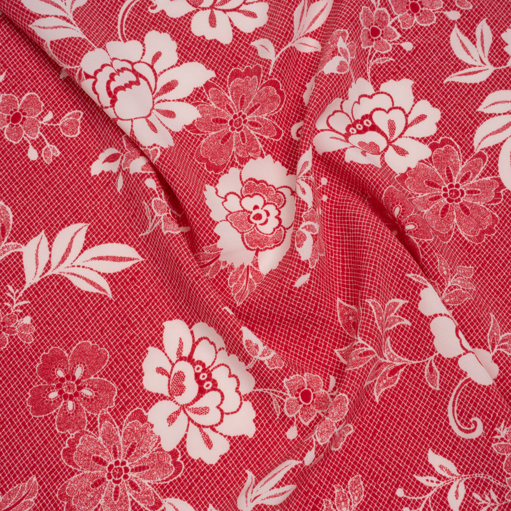 Stretch Polyester Woven Print - Goji Berry and White Country Floral - Designer Deadstock Stretch Polyester Woven Print - Goji Berry and White Country Floral - Designer Deadstock
