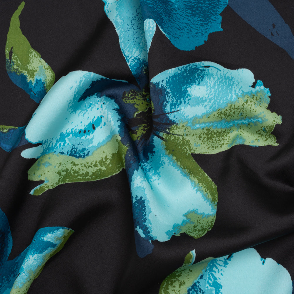 Stretch Polyester Charmeuse Print - Black, Aegean Teal and Green Floral - Designer Deadstock Stretch Polyester Charmeuse Print - Black, Aegean Teal and Green Floral - Designer Deadstock