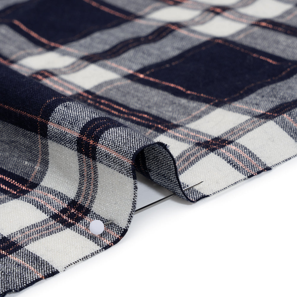 Metallic Stretch Linen and Rayon Woven - White, Navy Blue and Rose Gold Plaid Metallic Stretch Linen and Rayon Woven - White, Navy Blue and Rose Gold Plaid