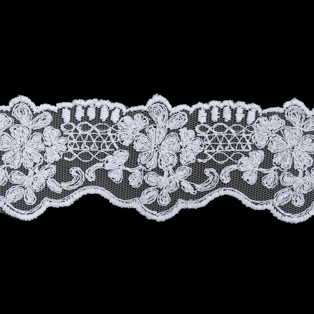 Embroidered Lace Tulle Trim with Scalloped Edges - 2" - White Floral with Lattice Ladders Embroidered Lace Tulle Trim with Scalloped Edges - 2" - White Floral with Lattice Ladders