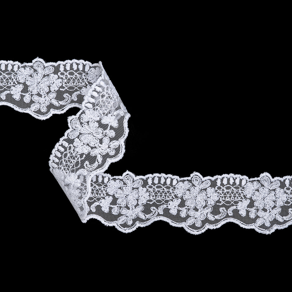 Embroidered Lace Tulle Trim with Scalloped Edges - 2" - White Floral with Lattice Ladders Embroidered Lace Tulle Trim with Scalloped Edges - 2" - White Floral with Lattice Ladders