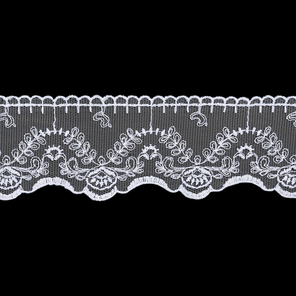 Embroidered Lace Tulle Trim with Scalloped Edges - 2.375" - White Leafy Vines and Flowers Embroidered Lace Tulle Trim with Scalloped Edges - 2.375" - White Leafy Vines and Flowers