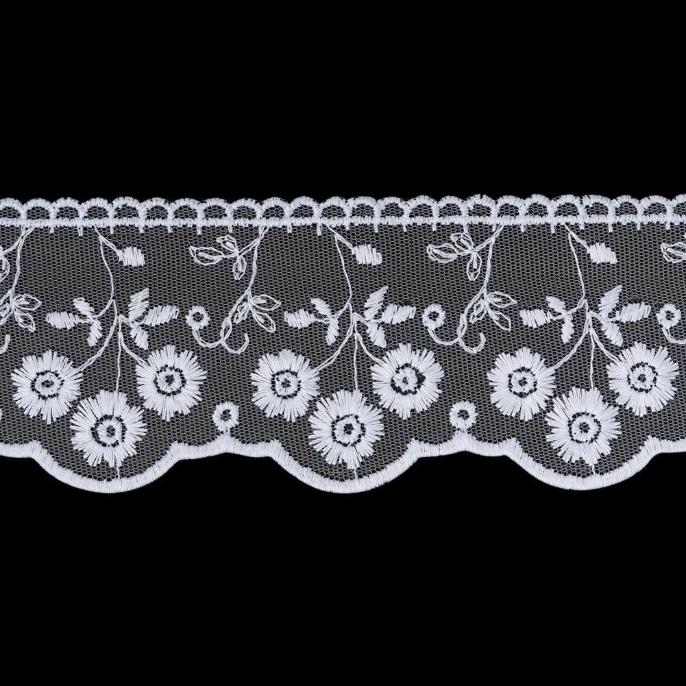Embroidered Lace Tulle Trim with Scalloped Edges - 2.625" - White Sunflower Bunches Embroidered Lace Tulle Trim with Scalloped Edges - 2.625" - White Sunflower Bunches