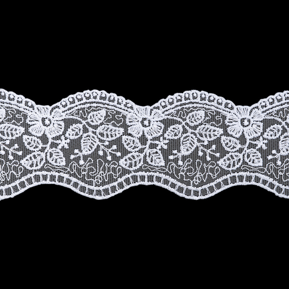 Embroidered Lace Tulle Trim with Scalloped Edges - 2.375" - White Floral Leaves Embroidered Lace Tulle Trim with Scalloped Edges - 2.375" - White Floral Leaves