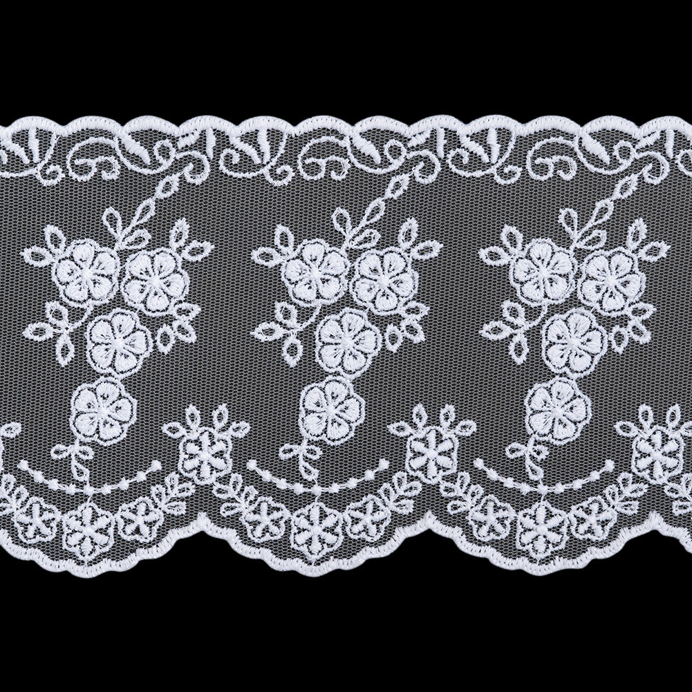 Embroidered Lace Tulle Trim with Scalloped Edges - 4.25" - White Flower Bunches and Drapes Embroidered Lace Tulle Trim with Scalloped Edges - 4.25" - White Flower Bunches and Drapes