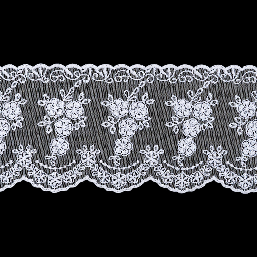 Embroidered Lace Tulle Trim with Scalloped Edges - 4.25" - White Flower Bunches and Drapes Embroidered Lace Tulle Trim with Scalloped Edges - 4.25" - White Flower Bunches and Drapes