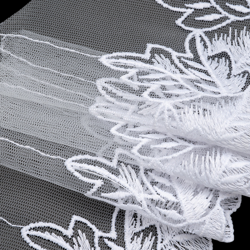Embroidered Lace Tulle Trim with One Scalloped Edge - 4.5" - White Fallen Leaves Embroidered Lace Tulle Trim with One Scalloped Edge - 4.5" - White Fallen Leaves