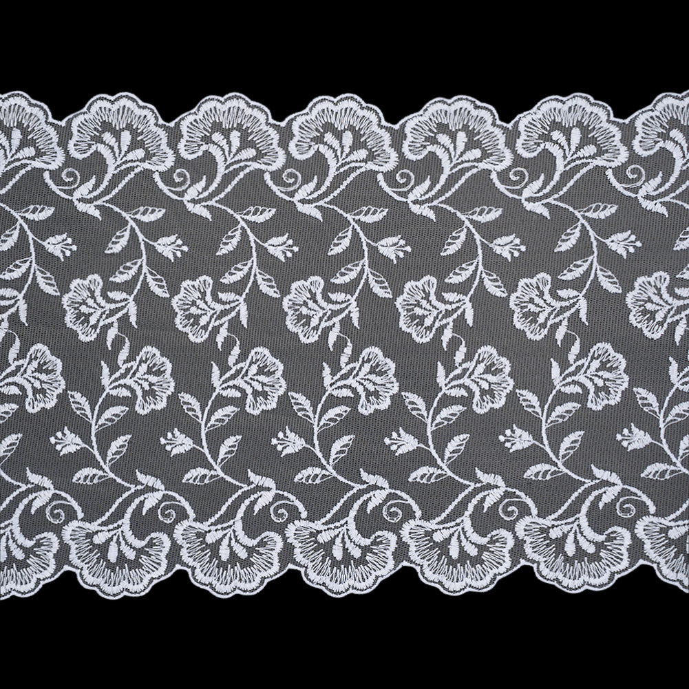 Wide Embroidered Lace Tulle Trim with Scalloped Edges - 9.5" - White Floral Waves Wide Embroidered Lace Tulle Trim with Scalloped Edges - 9.5" - White Floral Waves