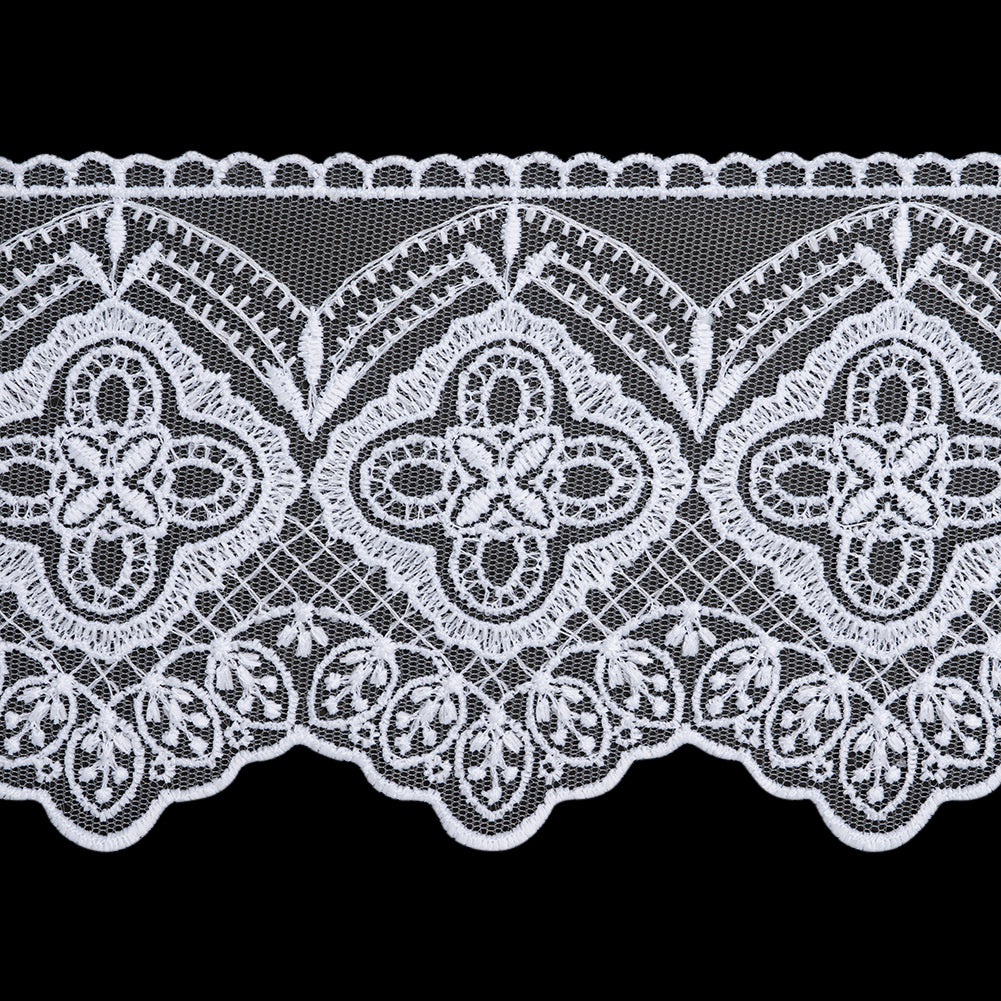 Embroidered Lace Tulle Trim with Scalloped Edges - 3.875" - White Quatrefoil Floral Embroidered Lace Tulle Trim with Scalloped Edges - 3.875" - White Quatrefoil Floral