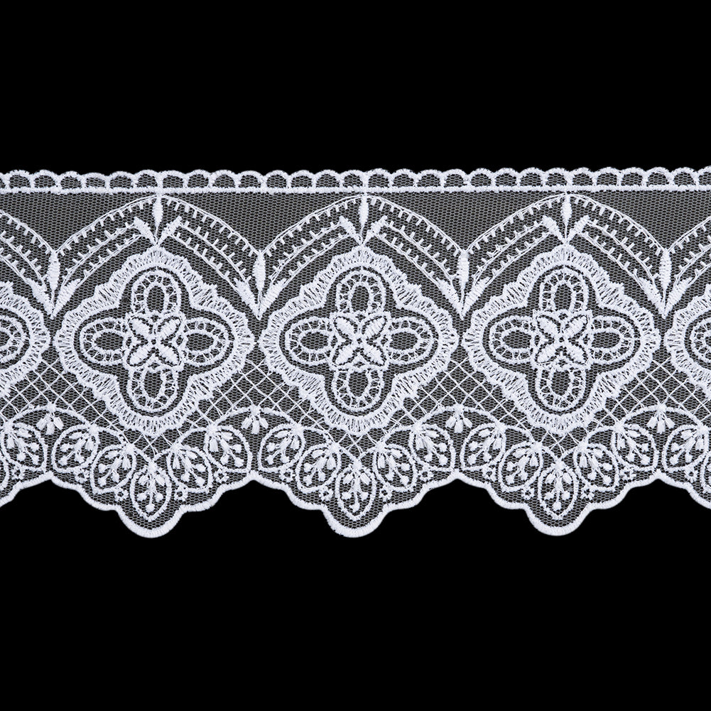 Embroidered Lace Tulle Trim with Scalloped Edges - 3.875" - White Quatrefoil Floral Embroidered Lace Tulle Trim with Scalloped Edges - 3.875" - White Quatrefoil Floral