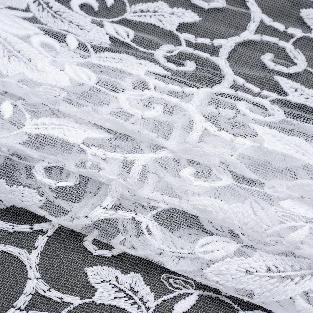 Wide Embroidered Lace Tulle Trim with Scalloped Edges - 9.375" - White Leaves and Vines Wide Embroidered Lace Tulle Trim with Scalloped Edges - 9.375" - White Leaves and Vines