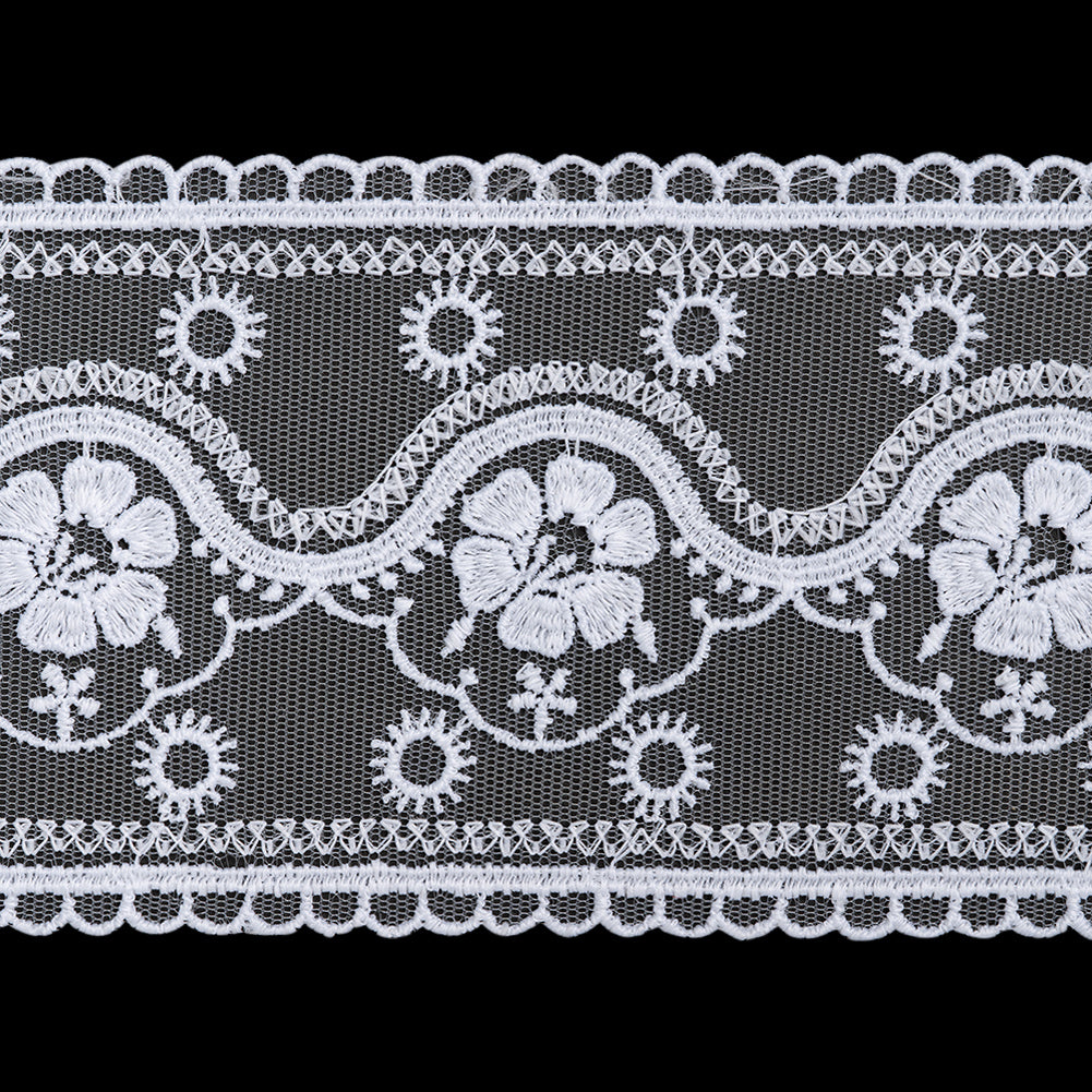 Embroidered Lace Tulle Trim with Scalloped Edges - 3.5" - White Suns and Flowers on Waves Embroidered Lace Tulle Trim with Scalloped Edges - 3.5" - White Suns and Flowers on Waves