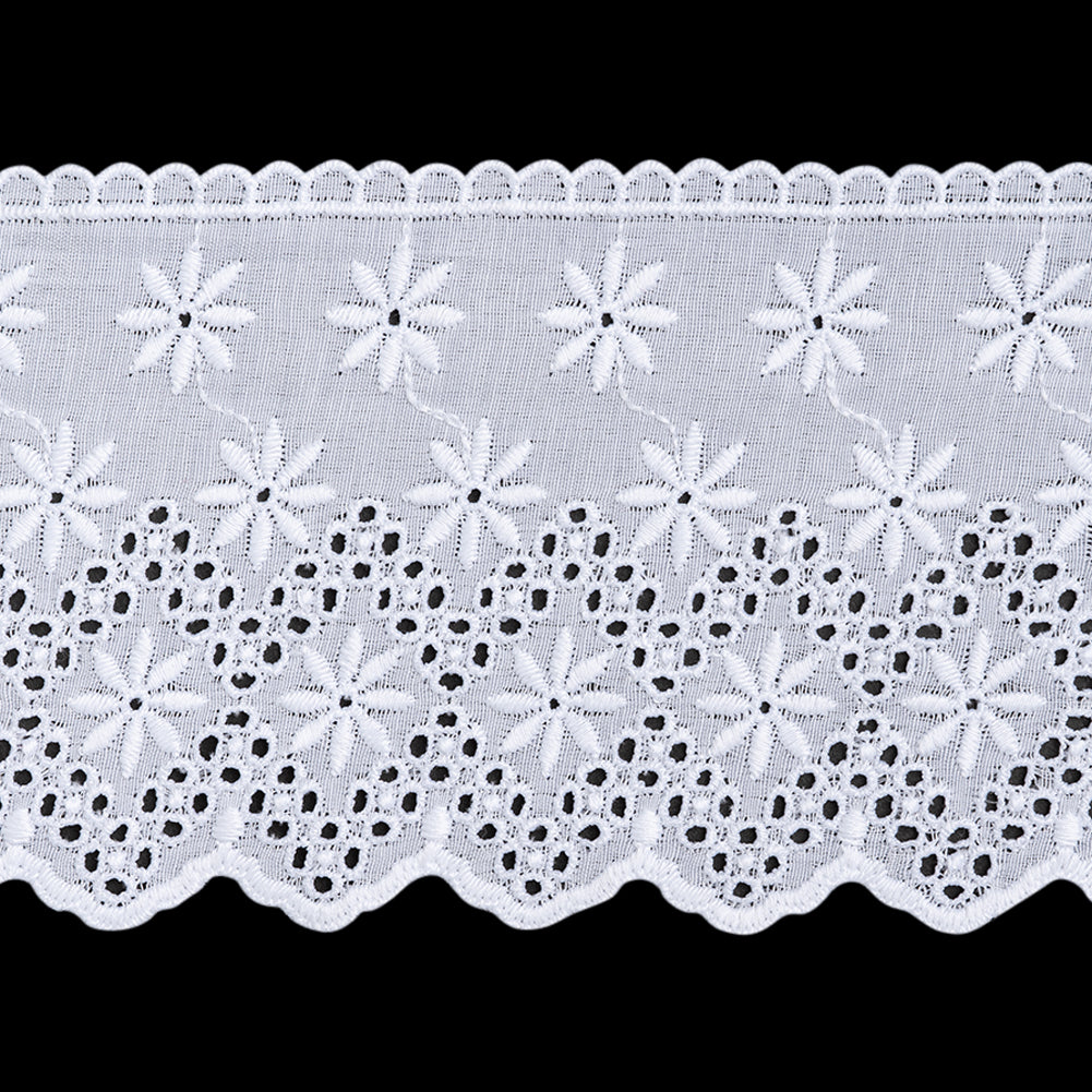 Cotton and Polyester Embroidered Eyelet Lace Trim with Scalloped Edges - 3.625" - White Flowers and Dotted Diamonds Cotton and Polyester Embroidered Eyelet Lace Trim with Scalloped Edges - 3.625" - White Flowers and Dotted Diamonds