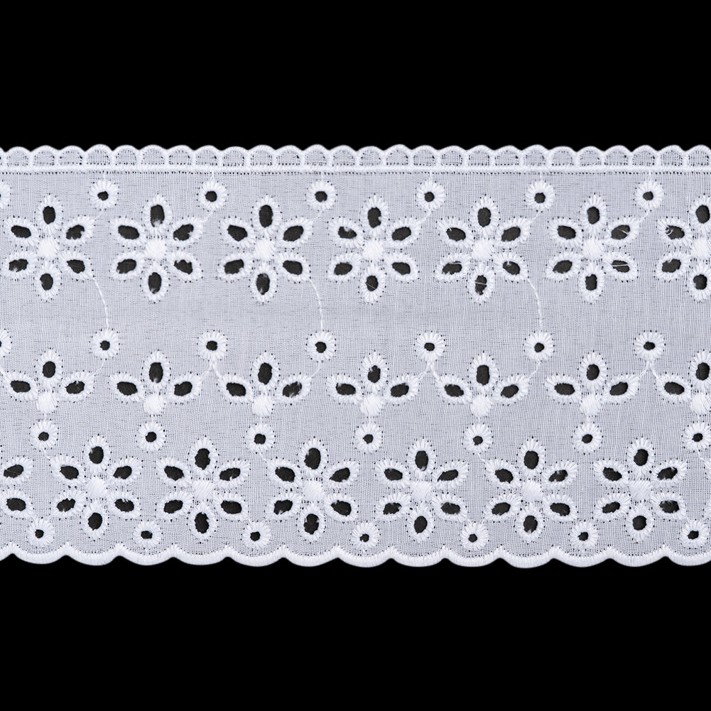 Cotton and Polyester Embroidered Eyelet Lace Trim with Scalloped Edges - 4" - White Floral Lines Cotton and Polyester Embroidered Eyelet Lace Trim with Scalloped Edges - 4" - White Floral Lines