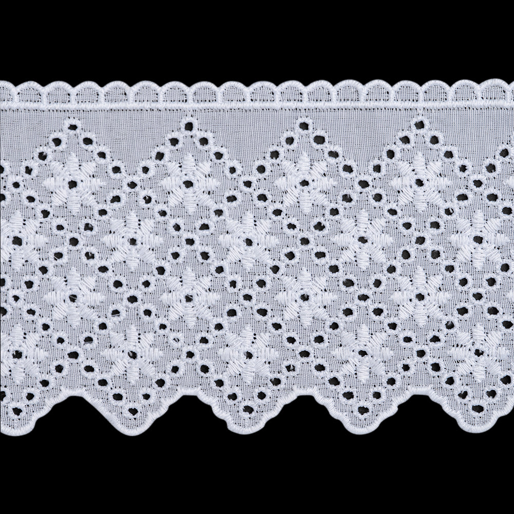 Cotton and Polyester Embroidered Eyelet Lace Trim with Scalloped Edges - 3.25" - White Flowers in Diamond Lattice Cotton and Polyester Embroidered Eyelet Lace Trim with Scalloped Edges - 3.25" - White Flowers in Diamond Lattice