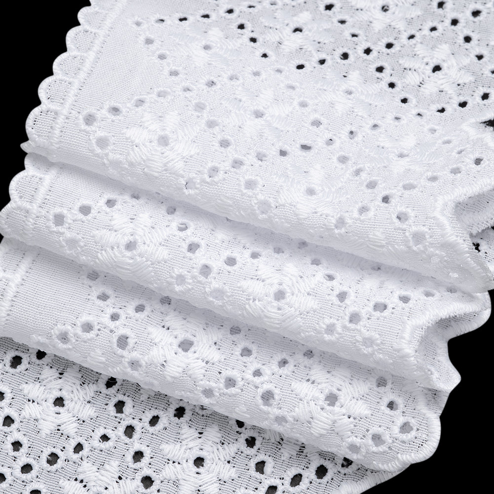 Cotton and Polyester Embroidered Eyelet Lace Trim with Scalloped Edges - 3.25" - White Flowers in Diamond Lattice Cotton and Polyester Embroidered Eyelet Lace Trim with Scalloped Edges - 3.25" - White Flowers in Diamond Lattice