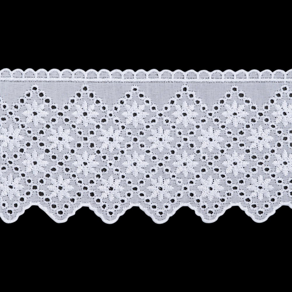 Cotton and Polyester Embroidered Eyelet Lace Trim with Scalloped Edges - 3.25" - White Flowers in Diamond Lattice Cotton and Polyester Embroidered Eyelet Lace Trim with Scalloped Edges - 3.25" - White Flowers in Diamond Lattice