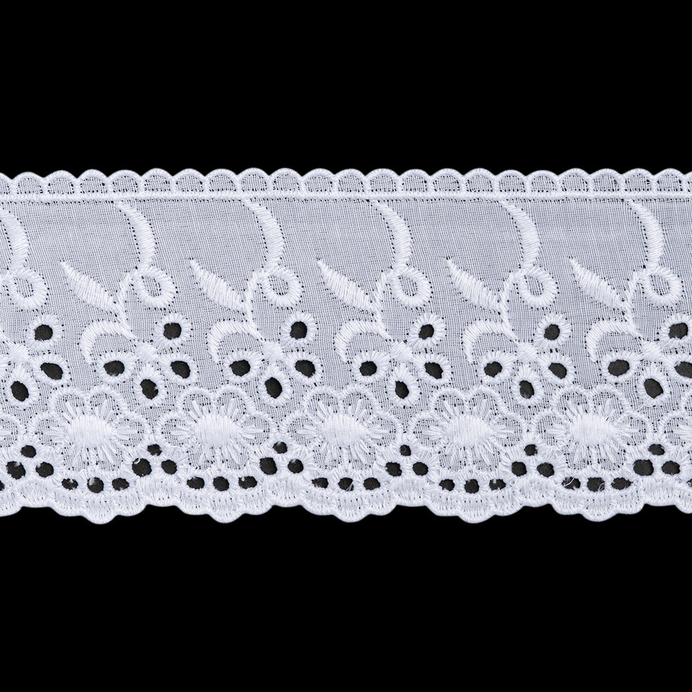 Cotton and Polyester Embroidered Eyelet Lace Trim with Scalloped Edges - 3" - White Floral with Looping Stems Cotton and Polyester Embroidered Eyelet Lace Trim with Scalloped Edges - 3" - White Floral with Looping Stems