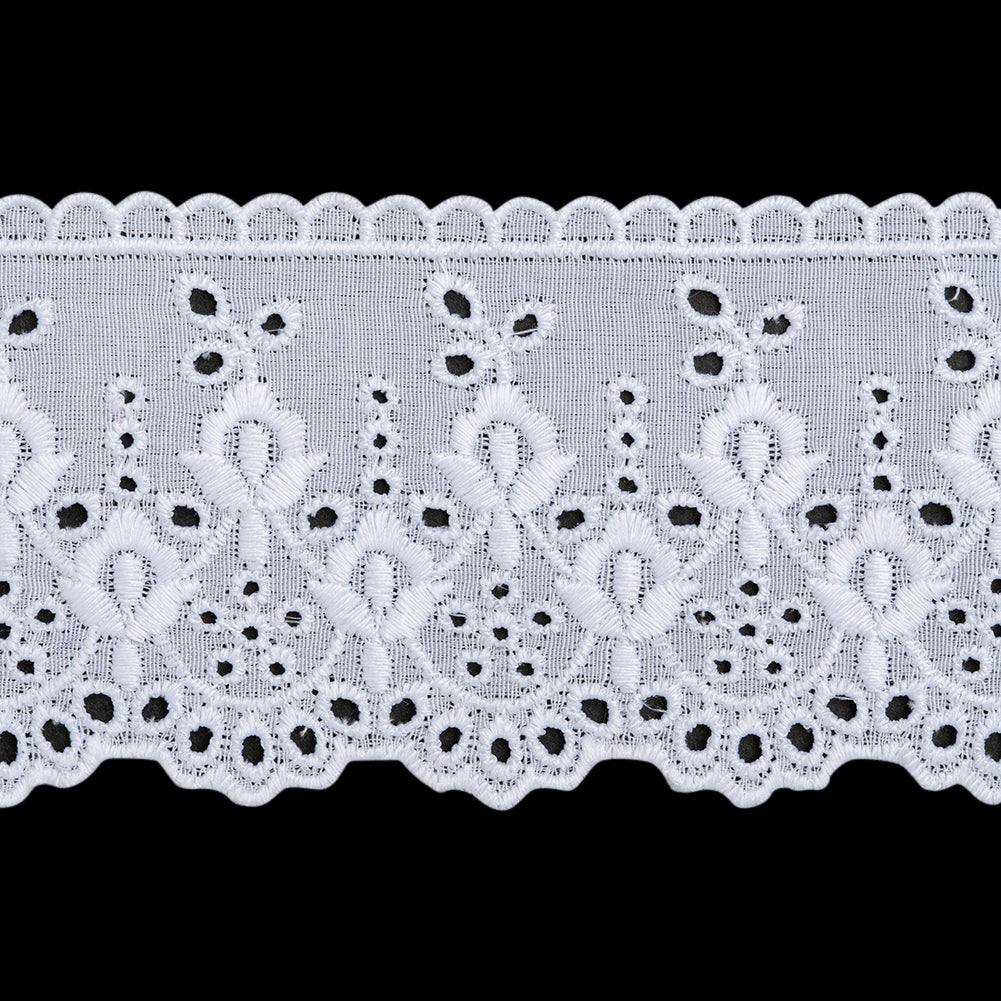 Cotton and Polyester Embroidered Eyelet Lace Trim with Scalloped Edges - 2.5" - White Irises and Dots Cotton and Polyester Embroidered Eyelet Lace Trim with Scalloped Edges - 2.5" - White Irises and Dots
