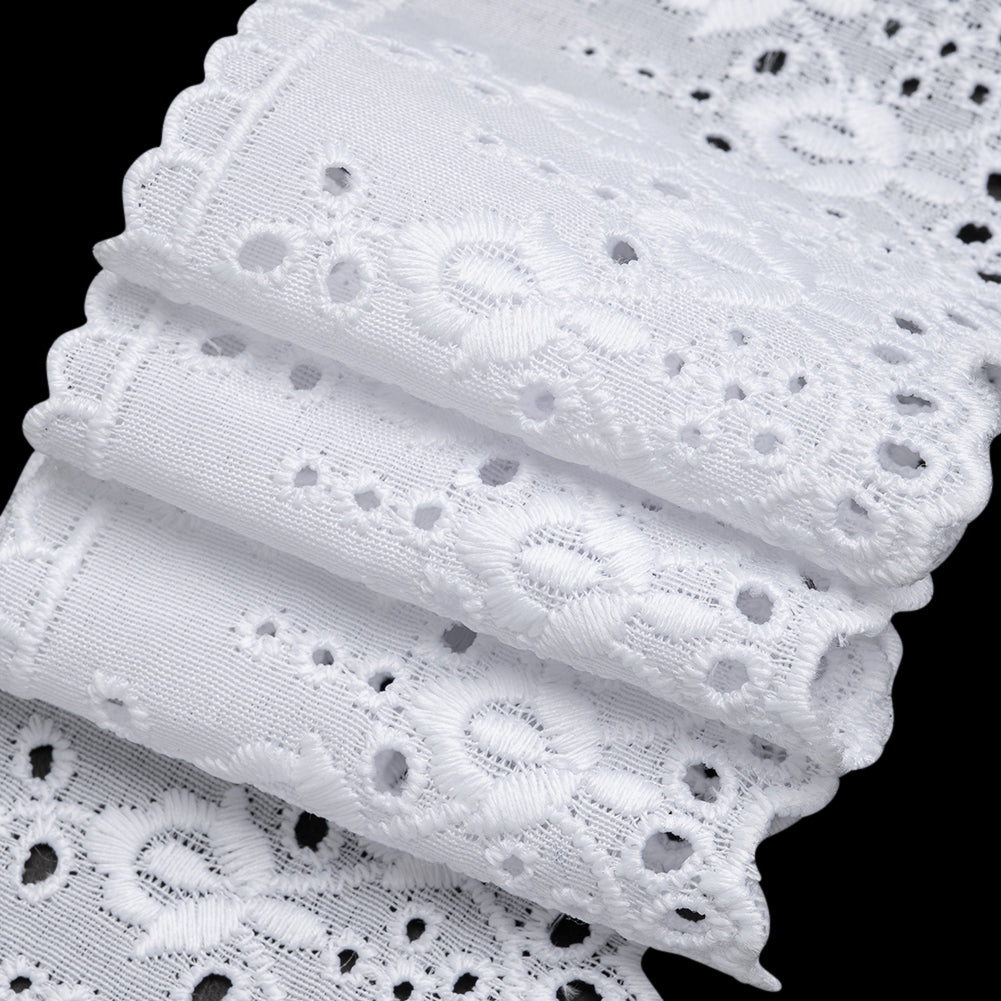 Cotton and Polyester Embroidered Eyelet Lace Trim with Scalloped Edges - 2.5" - White Irises and Dots Cotton and Polyester Embroidered Eyelet Lace Trim with Scalloped Edges - 2.5" - White Irises and Dots