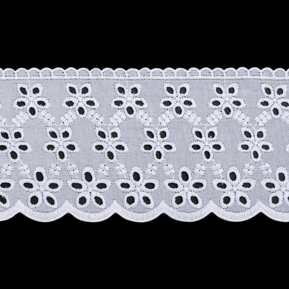 Cotton and Polyester Embroidered Eyelet Lace Trim with Scalloped Edges - 3.25" - White Rows of Daisies Cotton and Polyester Embroidered Eyelet Lace Trim with Scalloped Edges - 3.25" - White Rows of Daisies