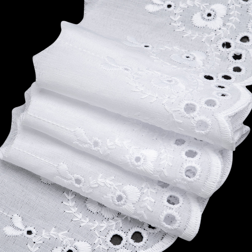 Cotton and Polyester Embroidered Eyelet Lace Trim with One Finished Scalloped Edge - 3.25" - White Flowers and Vine Swirls Cotton and Polyester Embroidered Eyelet Lace Trim with One Finished Scalloped Edge - 3.25" - White Flowers and Vine Swirls