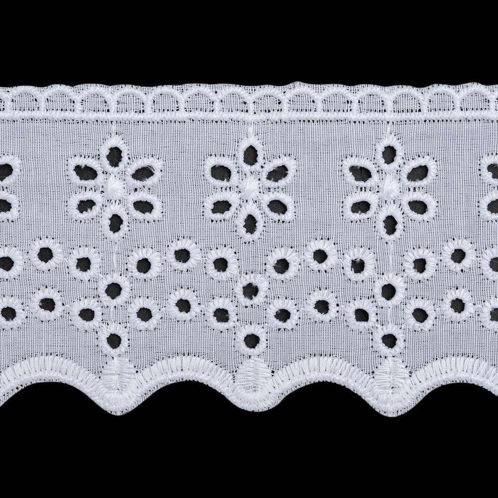 Cotton and Polyester Embroidered Eyelet Lace Trim with Scalloped Edges - 2.5" - White Daisies and Dotted Arches Cotton and Polyester Embroidered Eyelet Lace Trim with Scalloped Edges - 2.5" - White Daisies and Dotted Arches