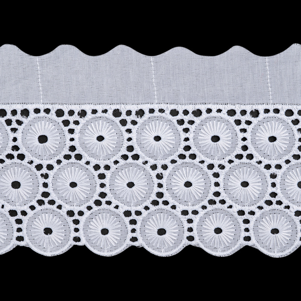 Cotton and Polyester Embroidered Eyelet Lace Trim with One Finished Scalloped Edge - 3.75" - White Circles and Dots Cotton and Polyester Embroidered Eyelet Lace Trim with One Finished Scalloped Edge - 3.75" - White Circles and Dots