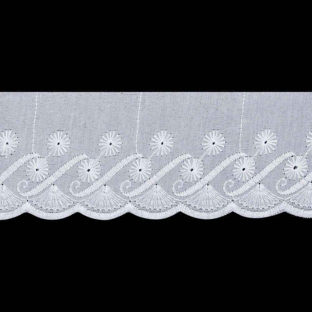 Cotton and Polyester Embroidered Eyelet Lace Trim with One Finished Scalloped Edge - 2.5" - White Flowers and Fans Cotton and Polyester Embroidered Eyelet Lace Trim with One Finished Scalloped Edge - 2.5" - White Flowers and Fans