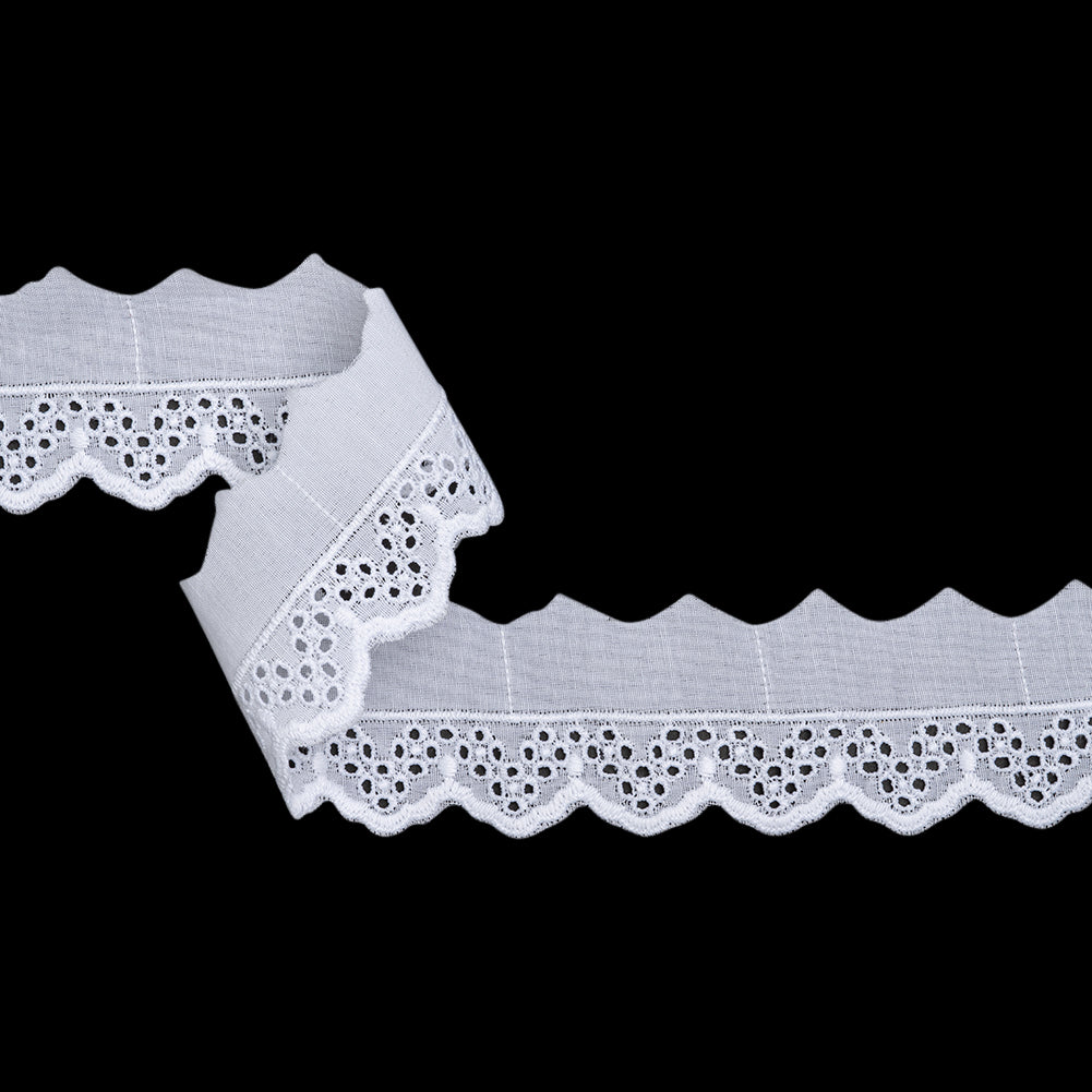 Cotton and Polyester Embroidered Eyelet Lace Trim with One Finished Scalloped Edge - 1.875" - White Zig Zag Dots Cotton and Polyester Embroidered Eyelet Lace Trim with One Finished Scalloped Edge - 1.875" - White Zig Zag Dots