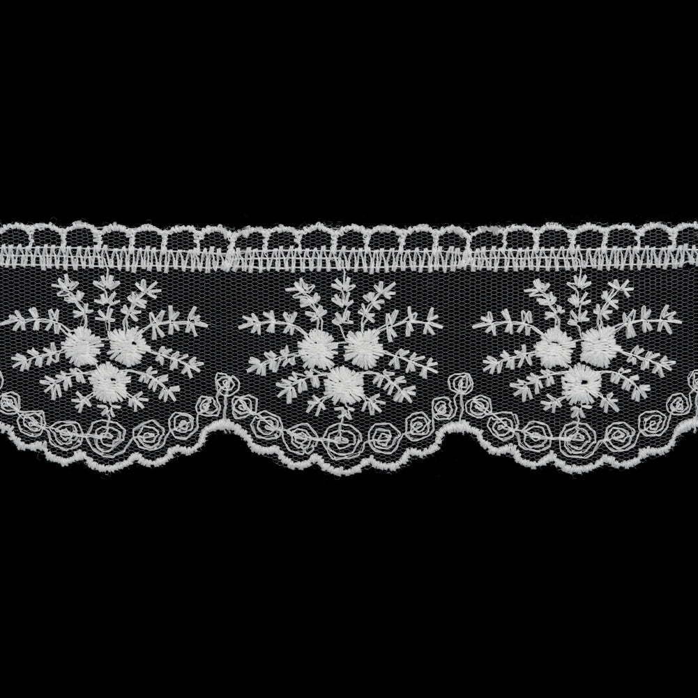 Embroidered Lace Tulle Trim with Scalloped Edges - 2.375" - White Bouquets and Dots Embroidered Lace Tulle Trim with Scalloped Edges - 2.375" - White Bouquets and Dots